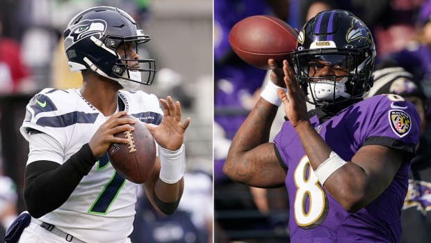Separate photos of Geno Smith and Lamar Jackson